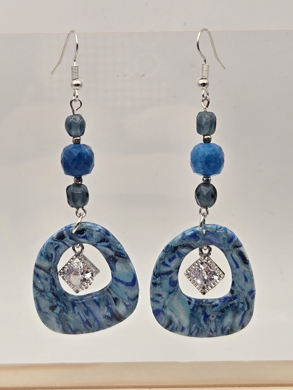 #B130- Blue Marbled Drop Earrings with Crystal Accent - Dolomite Jasper